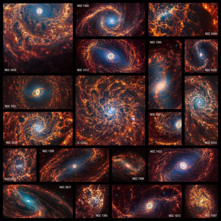 19 spiral galaxies imaged by the Webb Space Telescope. Courtesy of the European Space Agency and NASA