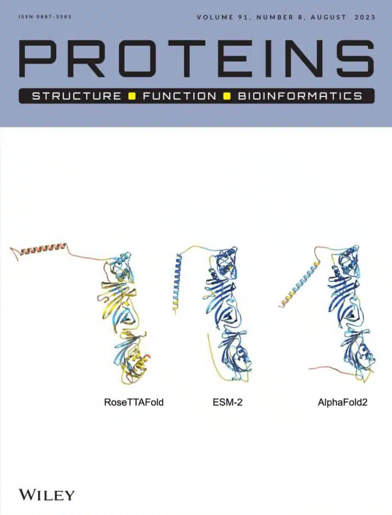 يُظهر غلاف المجلة العلمية البنية ثلاثية الأبعاد لبروتين جديد، كما تنبأت به ثلاث خوارزميات ذكاء اصطناعي مختلفة