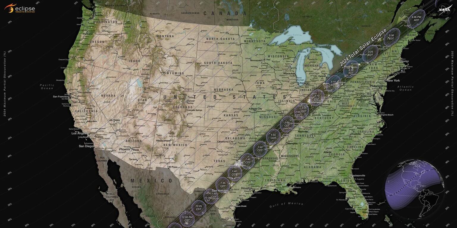 This map illustrates the paths of the moon's shadow across the US during the 2024 total solar eclipse. On April 8, 2024, a total solar eclipse will cross North and Central America and create a total path. During a total solar eclipse, the moon completely blocks the sun as it passes between the sun to Earth. The sky will darken as if it were dawn or dusk, and those standing in the total eclipse path may see the Sun's outer atmosphere (corona) if the weather permits. Credit: NASA/Scientific Imaging Studio/Michaela Garrison; Solar eclipse calculations by Ernie Wright, NASA Goddard Space Flight Center