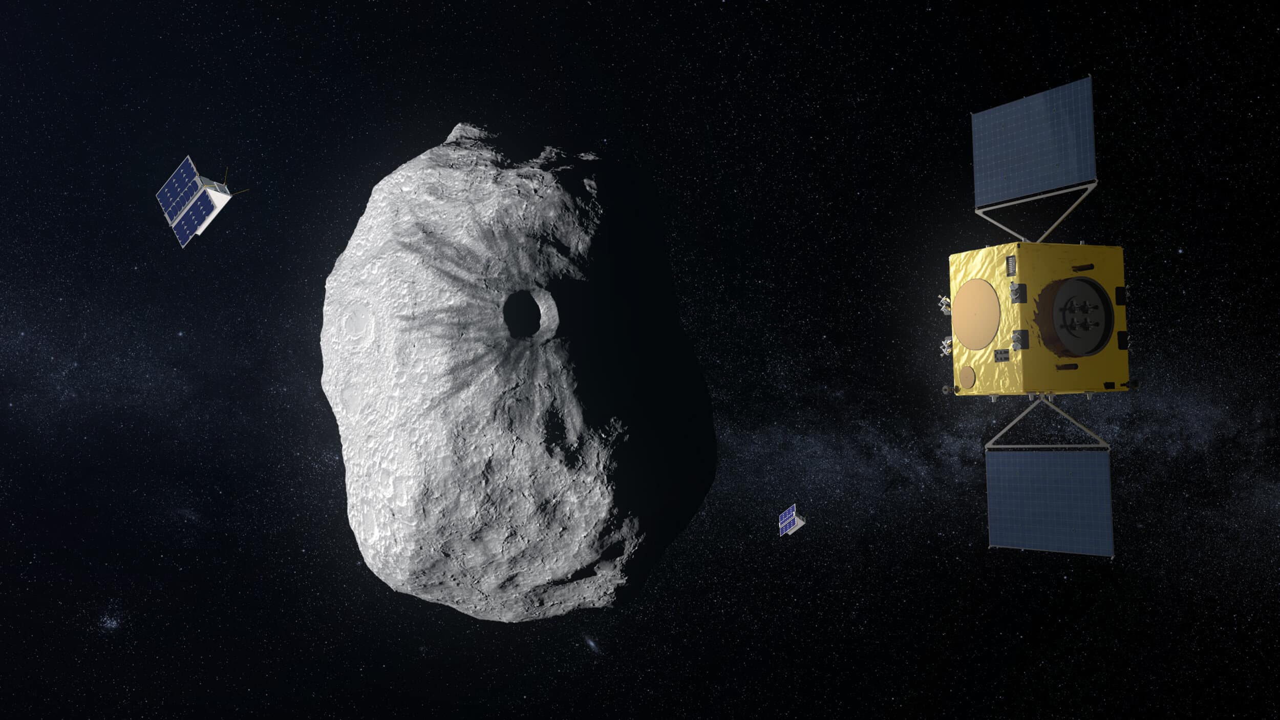 Illustration of the crater created during the collision between the DART spacecraft and the Dimorphos asteroid. In the background: the European HERA spacecraft and its nanosatellites (CubeSats) in follow-up research. Credit: ESA Science Office