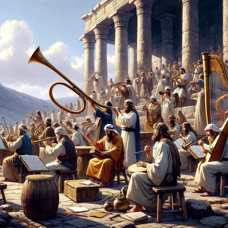 An orchestra from the Second Temple period. The image was prepared using the artificial intelligence software DALEE 2 and should not be considered a historical image.