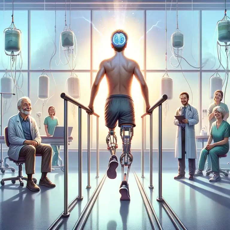 A man implanted with a brain chip and started walking. The image was created by the artificial intelligence software DALEE and is presented as an illustration only and is not a scientific image.