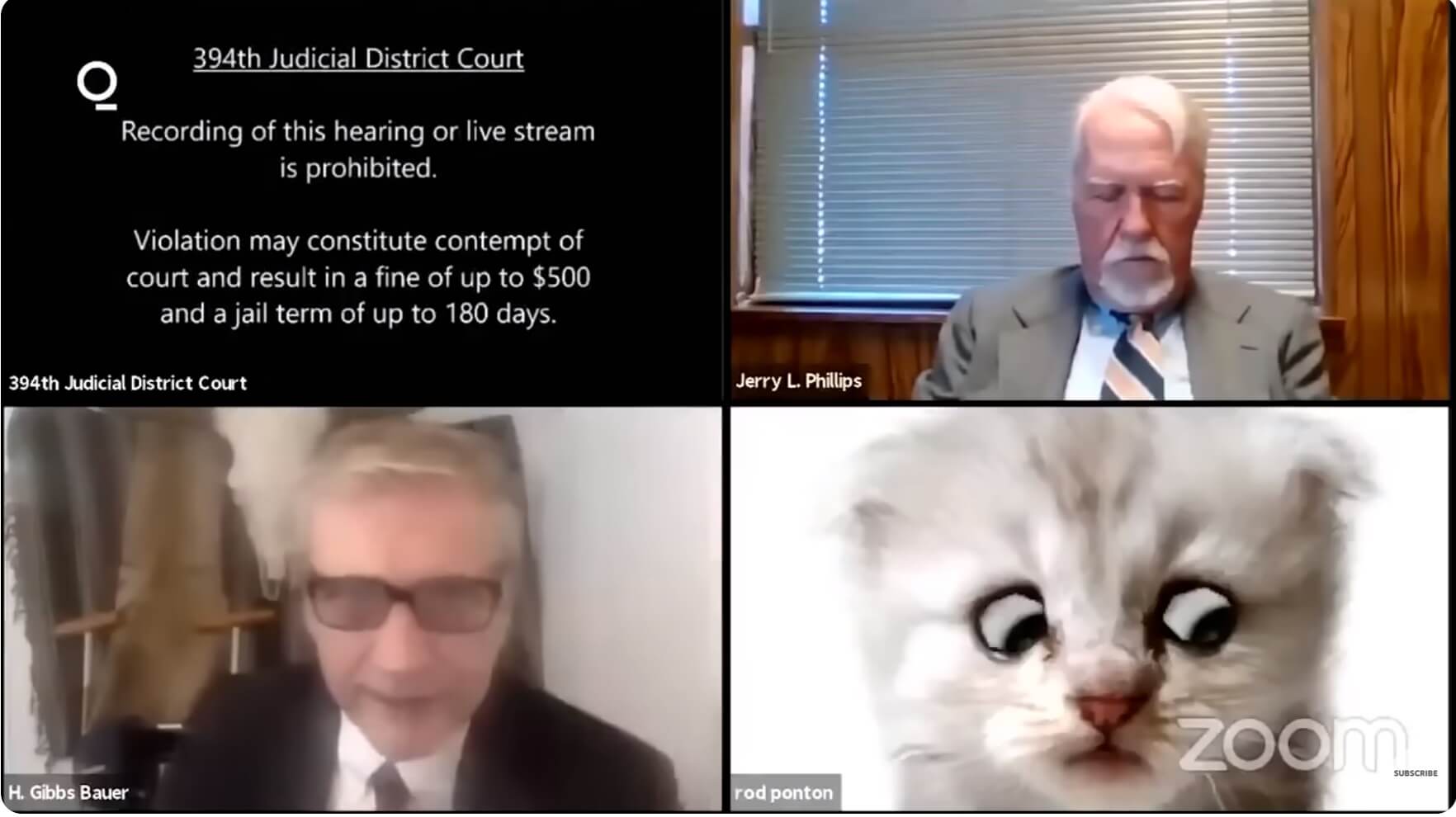 "אני לא חתול" עו"ד מטקסס הסתבך עם הפילטר במהלך משפט בזום. צילום מסך