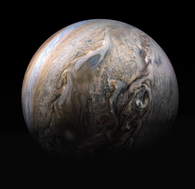 An image of Jupiter taken by Juno in 2019, showing storm zones in the northern hemisphere. Credit: Enhanced image by Kevin M. Gill (CC-BY) based on images provided courtesy of NASA/JPL-Caltech/SwRI/MSSS