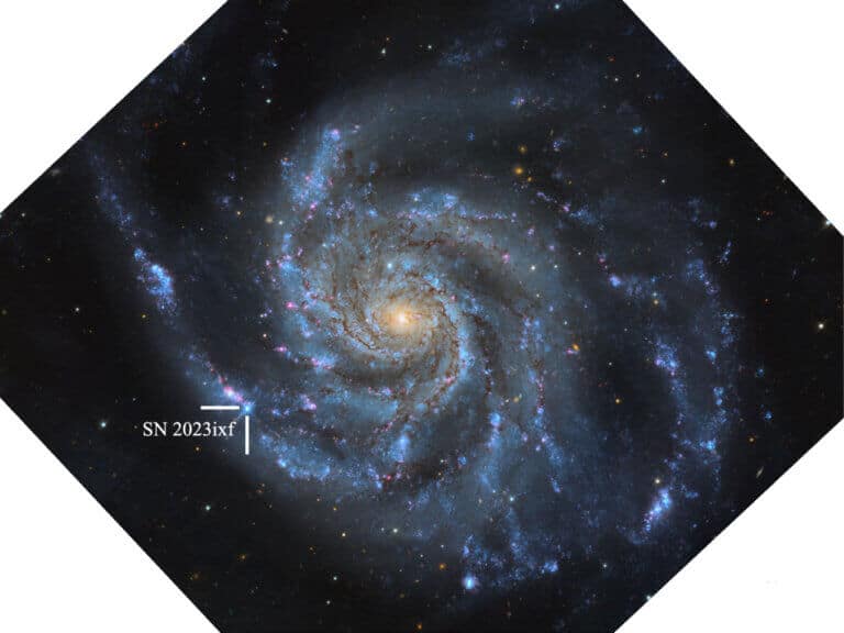 المتلألئ اللامع هو المستعر الأعظم SN 2023ixf الموجود في مجرة ​​الريشة. الصورة مبنية على بيانات تلسكوبية تم الحصول عليها في 20 و21 و22 مايو 2023. المصدر: ترافيس ديو، جامعة أريزونا (حسين زاده وآخرون 2023)