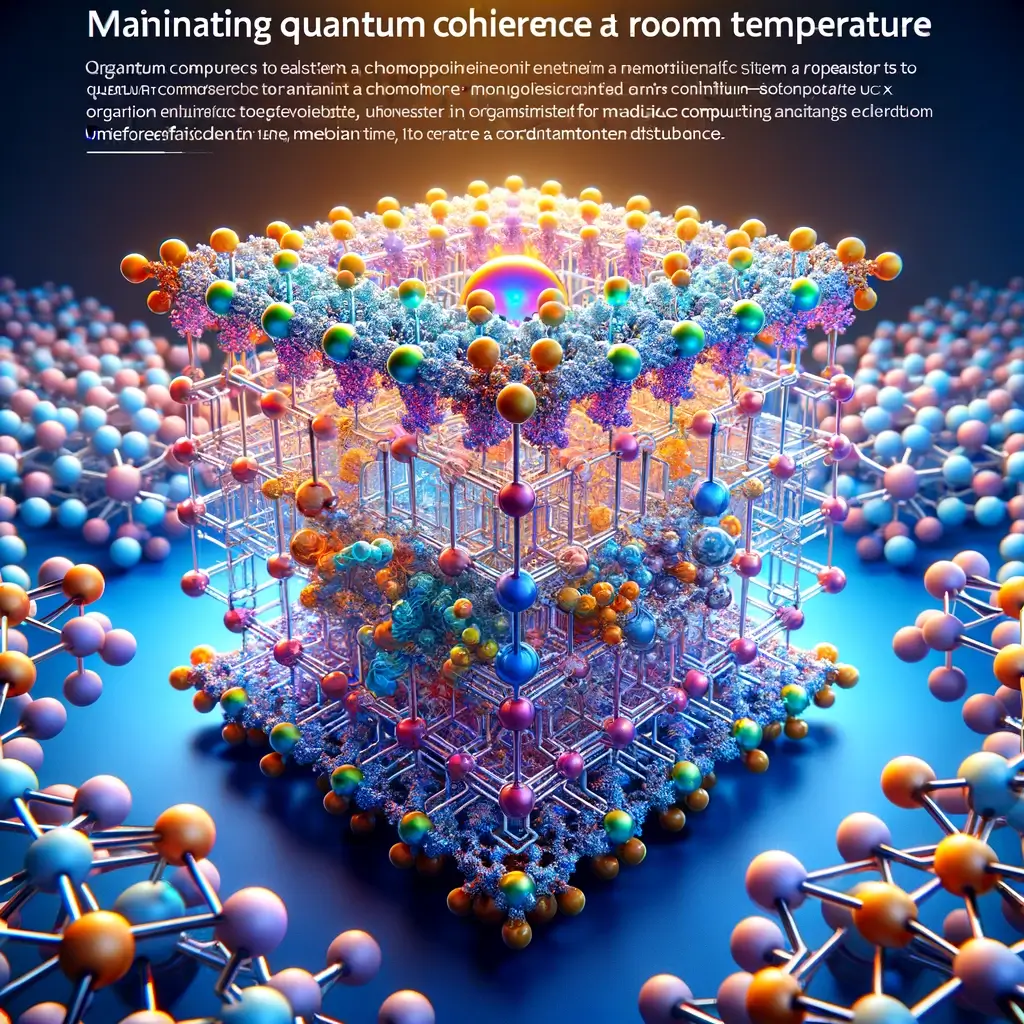 The image depicts the revolution in the field of quantum computers by maintaining quantum coherence at room temperature, presenting a chromophore within an organometallic framework, and emphasizing the innovation and potential of quantum computing and sensing technologies. Credit Avi Blizovsky. The image was created by DALEE artificial intelligence software