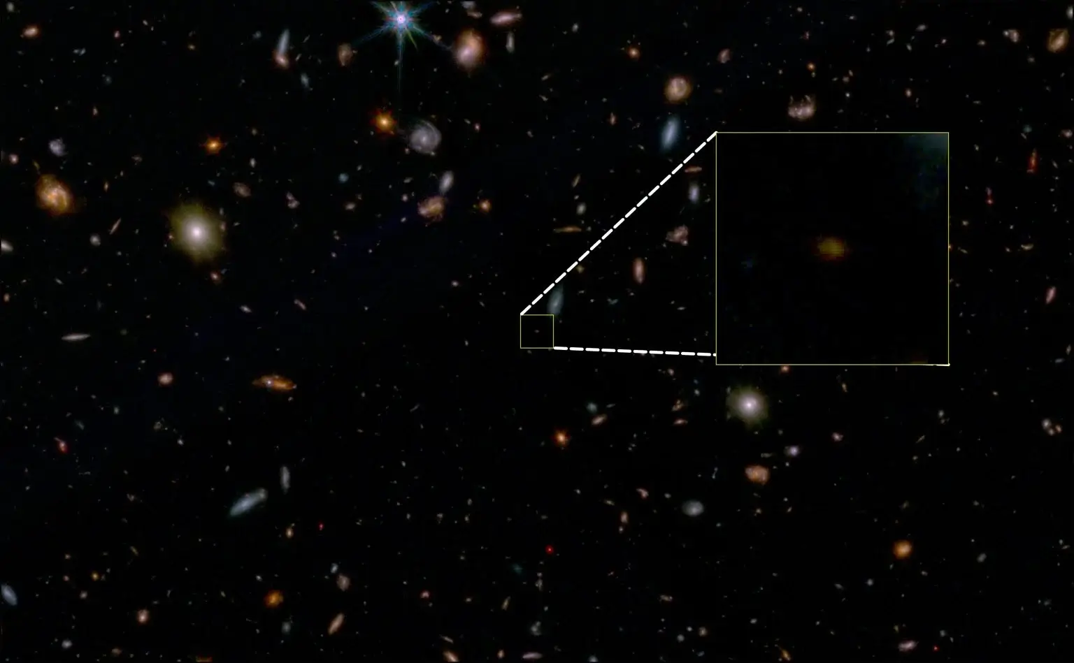 Artificial color JWST image of a small portion of the GOODS South field, with emphasis on JADES-GS-z7-01-QU. This type of galaxy is extremely rare. Credit: JADES Collaboration