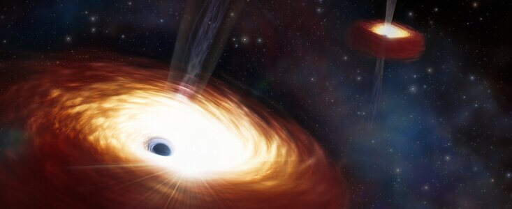 Artist's rendering of the heaviest pair of supermassive black holes: Using archival data from the Gemini North Telescope, a team of astronomers has measured the heaviest pair of supermassive black holes ever found. The merger of two supermassive black holes is a long-predicted but never-observed phenomenon. This pair provides insight into why such an event seems so unlikely in the universe. Credit: NOIR LAB