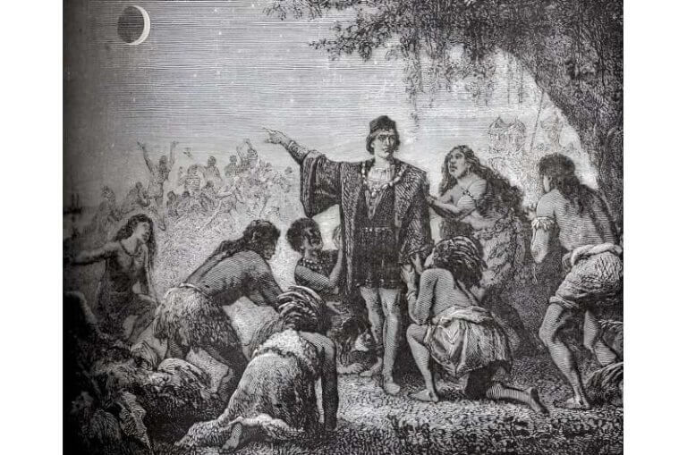 An illustration of Columbus predicting a lunar eclipse to trick the Taino people into providing his crew with food and supplies. Credit: Popular Astronomy (1879) by Camille Palmerion, via Wikimedia