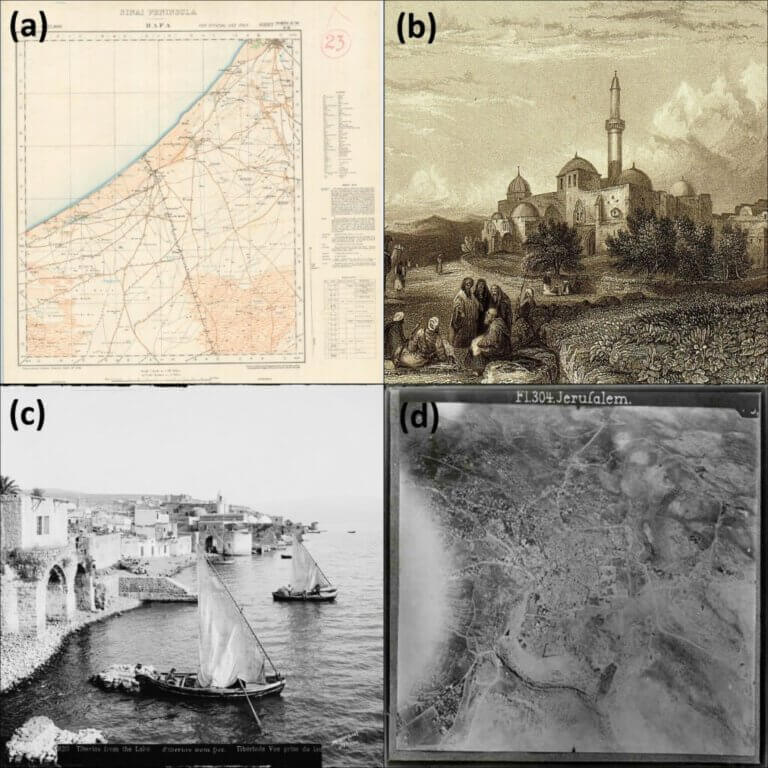 أمثلة على المصادر البصرية التاريخية من نهاية الفترة العثمانية وبداية فترة الانتداب البريطاني التي تم استخدامها أثناء البحث.