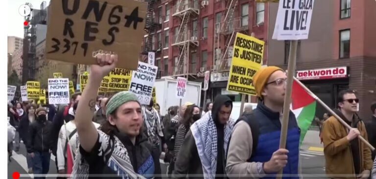 Demonstrations at Columbia University in New York, April 2024. Screenshot from YouTube, FIRSTSPOT