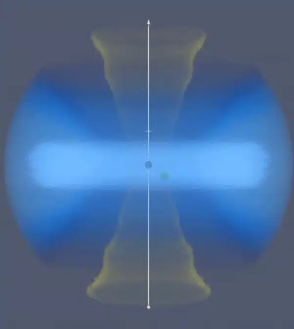 הדמיית מחשב של חור שחור עם מסה בינונית מקיף חור שחור על-מסיבי, וגורם לתמרות גז מחזוריות שיכולות להסביר את התצפיות. קרדיט: Petra Sukova, Astronomical Institute of the CAS