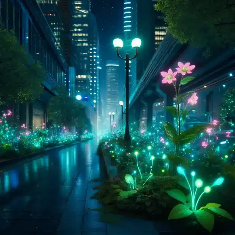 A street lit with petunia plants with gardens of fireflies. The illustration was prepared using DALEE and is not a scientific image.