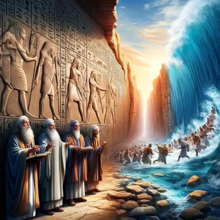 מלומדים מצרים בתקופה התלמאית שכתבו את סיפור יציאת מצרים כדי שהמצרים יצאו טובים והיהודים רעים. התמונה הופקה באמצעות DALEE ואין לראות בה תמונה מדעית