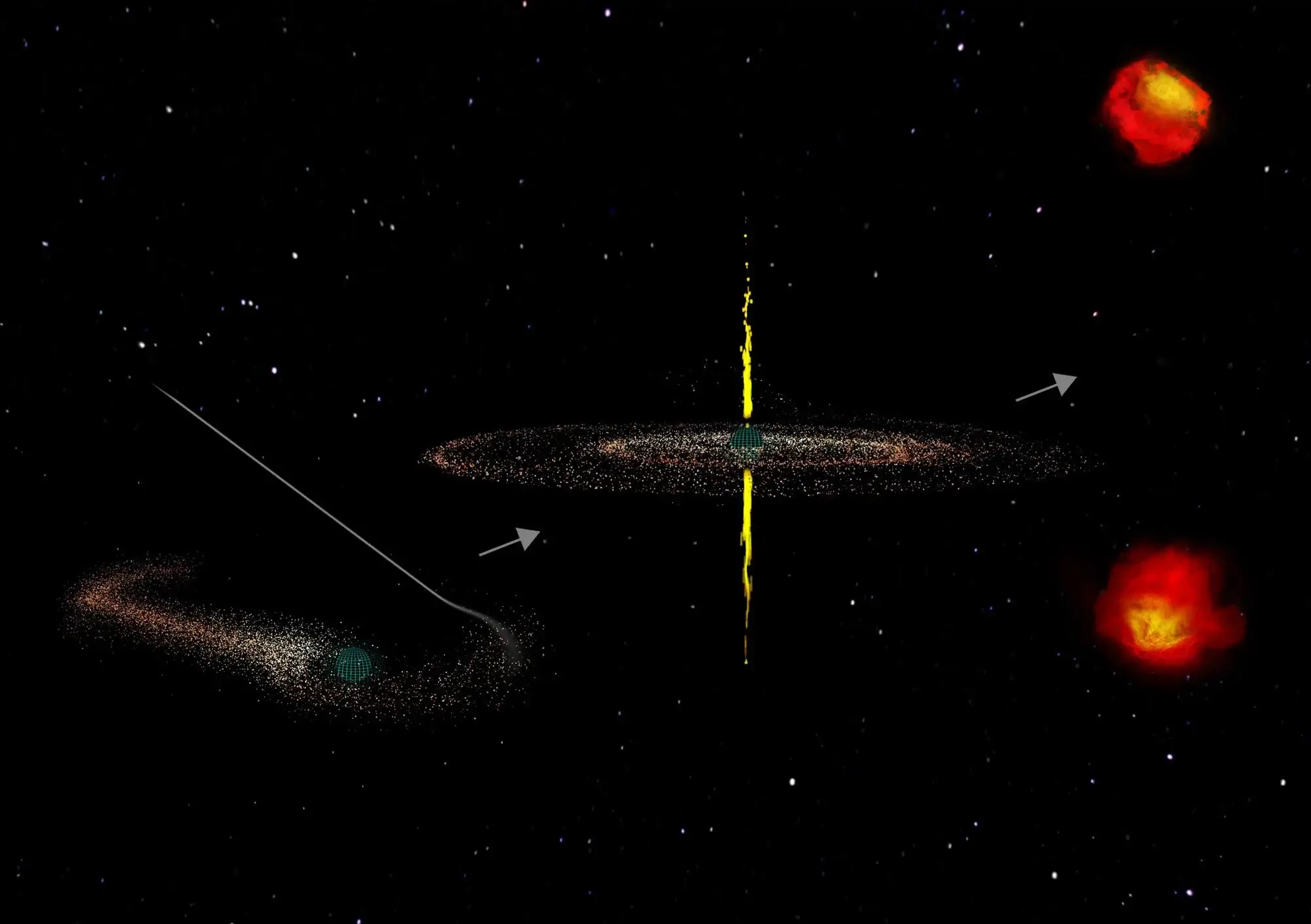 This figure shows how CSOs are probably formed. When one massive star gets too close to a black hole (left), it is devoured. This causes the black hole to emit a very fast dipole jet (center). The jet extends outward and its hot edges glow with radio wave emissions (right). Credit: B. Saxton/NRAO/AUI/NSF