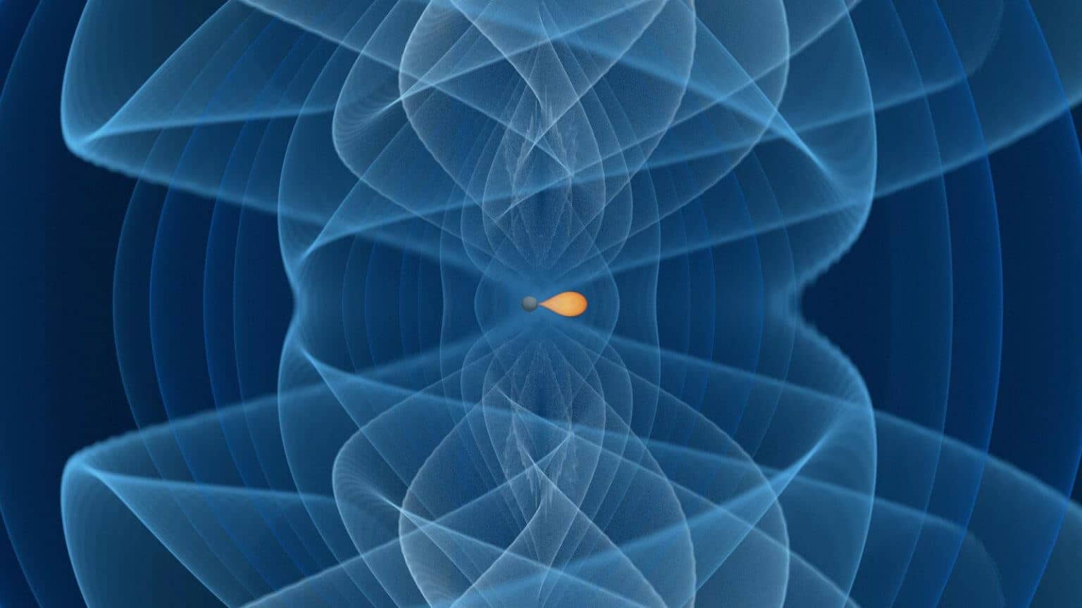 وتظهر الصورة اندماج ثقب أسود من أسفل فجوة الكتلة (السطح باللون الرمادي الداكن) مع نجم نيوتروني تتراوح ألوانه بين البرتقالي الداكن (مليون طن لكل متر مكعب) إلى الأبيض (600 مليون طن لكل متر مكعب). يتم تمثيل إشارة موجة الجاذبية بسلسلة من قيم السعة المتعدية للاستقطاب الإيجابي باستخدام الألوان من الأزرق الداكن إلى السماوي. ائتمان: آي. ماركين (جامعة بوتسدام)، تي. ديتريش (جامعة بوتسدام ومعهد ماكس بلانك لفيزياء الجاذبية)، إتش. فايفر، أ. بونانو (معهد ماكس بلانك لفيزياء الجاذبية)