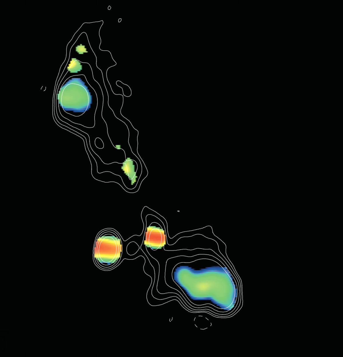 This image taken by VLBA shows two supermassive black holes, which appear as blobs with red streaks. Black holes are at the center of an elliptical galaxy. The colors represent different spectral gradients in radio emission, with red showing the densest regions around the black holes. The black hole on the right must have recently devoured a massive star, causing it to emit two very fast jets. The edges of these jets appear as green spots above and below the black hole. This object, named J0405+3803, is called a CSO because its jets are relatively close (or compact) compared to other black holes with much larger jets. Credit: HL Maness/Grinnell College