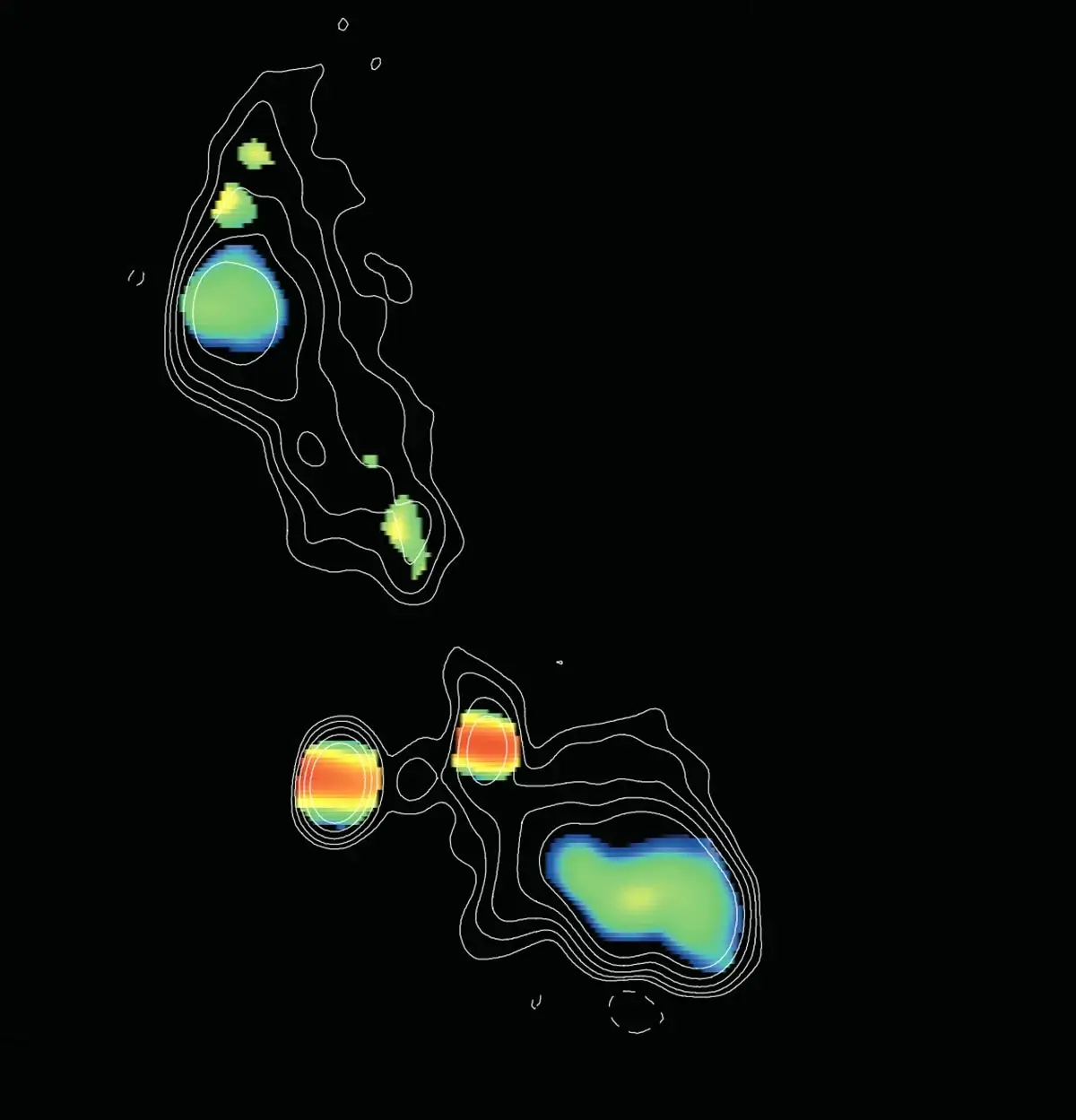 התמונה הזאת שצילם VLBA מראה שני חורים שחורים על-מסיביים, שמופיעים ככתמים עם פסים אדומים. החורים השחורים נמצאים במרכזה של גלקסיה אליפטית. הצבעים מייצגים שיפועים ספקטרליים שונים בפליטת גלי רדיו, כשאדום מראה את האזורים הכי צפופים סביב החורים השחורים. החור השחור מימין כנראה טרף לאחרונה כוכב מסיבי, שגרם לו לפלוט שני סילונים מאוד מהירים. הקצוות של הסילונים האלה מופיעים ככתמים ירוקים מעל ומתחת לחור השחור. העצם הזה, ששמו J0405+3803, נקרא CSO כי הסילונים שלו יחסית קרובים (או קומפקטיים) בהשוואה לחורים שחורים אחרים עם סילונים הרבה יותר גדולים. קרדיט: H.L. Maness/Grinnell College