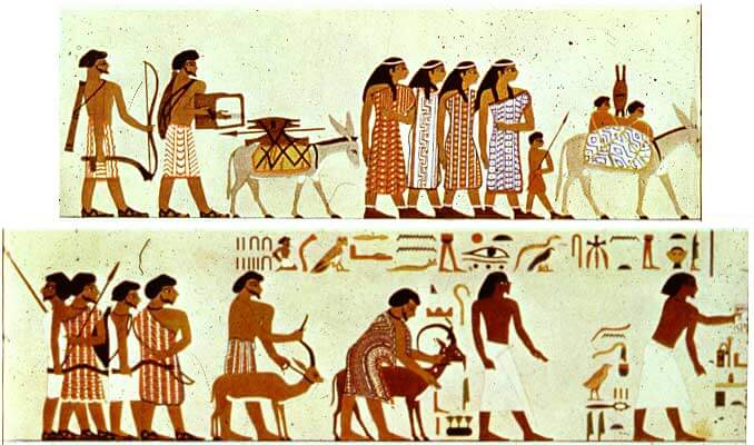 circa 1890 BCE. This mural, from a tomb wall at the Bnei Hassan site in Egypt, shows a group of "Asiatic" nomads from Syria-Canaan visiting Egypt. (Originally one painting; it is divided here into two halves to fit the screen.) The painting gives an impression of what they looked like Semi-nomadic like the Hebrew patriarchs in Genesis, during what the Bible describes as the patriarchal period (give or take a few hundred years).