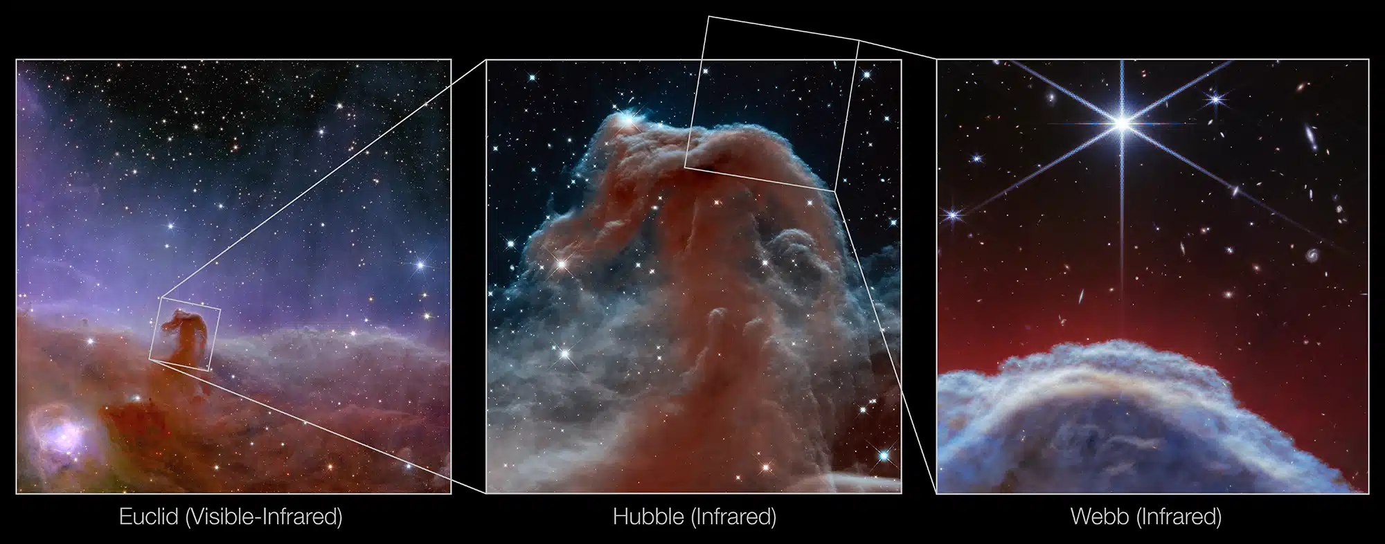 התמצאות - הצילום של ווב התמקד בקטע מ"רעמת" ערפילית ראש הסוס. את התמונה הגדולה יותר ניתן לראות בתמונות של טלסקופי החלל אוקלידס והאבל. קרדיט: NASA, ESA, CSA, K. MISSELT (UNIVERSITY OF ARIZONA) and A. ABERGEL (IAS/UNIVERSITY PARIS-SACLAY, CNRS)