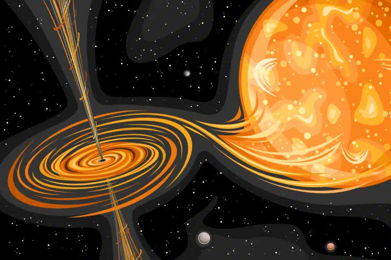 A black hole pulls matter into it, the possibilities are that the matter will be ejected back into space or fall into the event horizon. Illustration: depositphotos.com