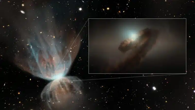 התרשמות אמן מהנוף בקנה מידה גדול של FU~Ori. התמונה מראה את הזרמים הנוצרים על-ידי האינטראקציה בין רוחות כוכבים חזקות המופעלות על-ידי ההתפרצות לבין מעטפת השריד שממנה נוצר הכוכב. הרוח הכוכבית מניעה גל הדף לתוך המעטפת וגז ה-CO שנסחף על-ידי ההדף הוא התגלית החדשה של במצפה ALMA. קרדיט:NSF/NRAO/SDagnello