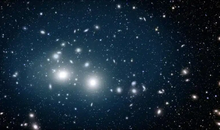 צביר הגלקסיות פרסאוס. התמונה, שצולמה על-ידי לוויין אוקלידס, מציגה את צביר הגלקסיות 'פרסאוס' מואר באור כחול עדין הנפלט מכוכבים יתומים. כוכבים אלו פזורים ברחבי הצביר, ומגיעים עד למרחק של 2 מיליון שנות אור ממרכזו. גלקסיות הצביר בולטות בצורות אליפטיות מוארות כנגד החלל האפל. קרדיט: ESA/Euclid/Euclid Consortium/NASA, עיבוד תמונה: M. Montes (IAC) ו-J.-C. Cuillandre (CEA Paris-Saclay).