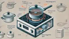 כך פועלים כירי אינדוקציה, כולל חתך שמראה את הפנים שלהם. באיור רואים את הרכיבים הבאים: משטח הזכוכית הקרמית, סליל האינדוקציה מתחתיו, יחידת אספקת החשמל, סיר פרומגנטי על הכיריים החיצים באיור מציינים את השדה המגנטי שנוצר על ידי סליל האינדוקציה ומחמם את הסיר. התמונה הוכנה באמצעות DALEE ואינה משמשת תמונה מדעית. גם הטקסט שמופיע בתוכה הוא כמיטב המסורת של DALEE "בערך".
