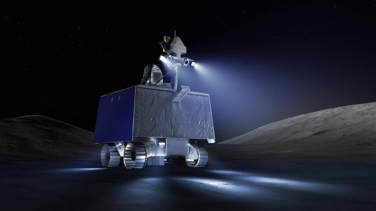 תפיסת אמן של עיצוב רובר VIPER (Volatiles Investigating Polar Exploration Rover) של נאס"א. משימתו הייתה לבחון מקרוב את מיקומם וריכוזם של קרח ומשאבים נוספים בקוטב הדרומי של הירח קרדיט: נאס"א/דניאל ראטר