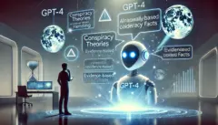 يتحدث الروبوت المتقدم GPT-4 إلى الإنسان حول التكنولوجيا والمعلومات، ويكشف زيف نظريات المؤامرة باستخدام العلوم القائمة على الأدلة. تم إنتاج الصورة باستخدام برنامج الذكاء الاصطناعي DALEE