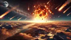 A meteor breaks up in the atmosphere. Such a phenomenon caused global cooling and the extinction of large animals 12,800 years ago. The image was prepared using DALEE and is not a scientific image