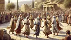 נשים רוקדות בריקוד מסורתי בתקופת בית שני. התמונה הוכנה על ידי DALEE והיא מיועדת להמחשה בלבד, ואיננה תמונה מדעית
