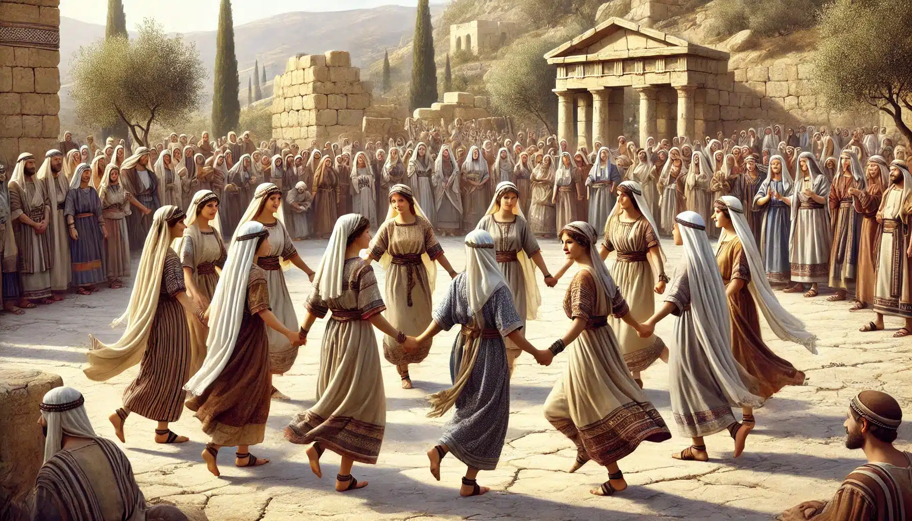 נשים רוקדות בריקוד מסורתי בתקופת בית שני. התמונה הוכנה על ידי DALEE והיא מיועדת להמחשה בלבד, ואיננה תמונה מדעית