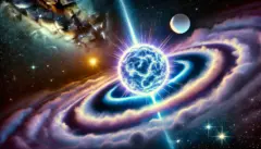 يدور قزم أبيض حول نجم نيوتروني سريع الدوران. تم إعداد الصورة باستخدام DALEE وليست صورة علمية