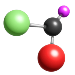 מודל מולקולרי של פחמן, כלור, חמצן ומימן עם גאומטריה מעניינת.