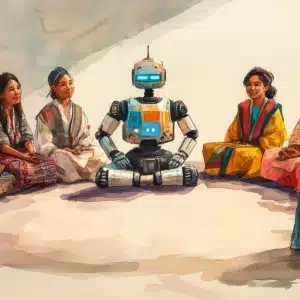 أطفال من الثقافة التقليدية يتجمعون حول روبوت ودود. رسم توضيحي للدكتور روي سيزانا باستخدام الذكاء الاصطناعي