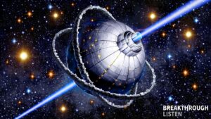 عرض فني لـ Dyson Sphere، وهو هيكل مقترح خارج كوكب الأرض في مركز مسوحات SETI. يعتبر اكتشاف مثل هذا الهيكل سيناريو "الاتصال الأول". الائتمان: اختراق الاستماع / دانيال فوتسلار