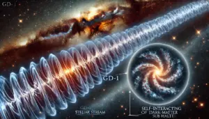 مجرة دوامية تحتوي على تيار نجمي GD-1 وهالة من المادة المظلمة. تم إعداد الرسم التوضيحي باستخدام DALEE وليس صورة علمية