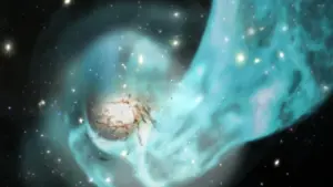 Artist's impression of the Centauri galaxy cluster. The bluish color indicates the flow of hot gas. The white indicates galaxies, and the reddish-brown indicates cooler gas. Credit: JAXA