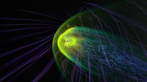 A description of the Earth's magnetosphere and the effect of the solar wind on the magnetic field.