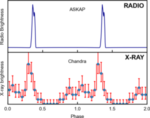 An illustration showing variations in the radio and X-ray brightness of ASKAP J1832 depicts the phase of the recurring variations, a quantity proportional to time. The diagrams were created by analyzing the full light curves – the changes in brightness as a function of time – and cutting them into 44-minute segments. These segments are mathematically superimposed and added together to give average X-ray or radio signals at different stages of the 44-minute cycle. A phase of 0.0 corresponds to the beginning of the average signal, and a phase of 1.0 corresponds to the end of the average signal, 44 minutes later.