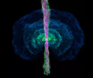 Still image from the numerical simulation about 1.3 seconds after the neutron star merger. The blue and green contours show the density of matter around the center of the black hole remnant. The purple lines show the magnetic field lines and the arrows show the outflow in the magnetosphere (jet). Credit: K. Hayashi / Max Planck Institute for Gravitational Physics (Albert Einstein Institute)