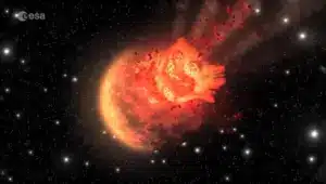 The Moon may have been captured, broken off, or formed with Earth, but the leading theory is that it was formed in a violent collision. This "big splash" would have ejected material from Earth's mantle into space - and thus the Moon was formed. This is the best explanation for the strong resemblance between lunar rocks and rocks on Earth. Credit: ESA/AOES Medialab