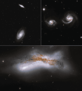 Our Possible Future: Three Scenarios for a Future Encounter Between the Milky Way and Andromeda Galaxies: Top Left: The two galaxies pass each other at a distance of a million light years. Top Right: As the distance between them decreases to 500 light years, the friction exerted by dark matter causes them to approach for a close encounter. Bottom: A distance of 100 light years leads to a collision. (Courtesy: NASA / ESA)