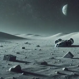 ساحة خردة خيالية على القمر. رسم: آفي بيليزوفسكي عبر DALEE. الصورة لأغراض توضيحية فقط وليست صورة علمية.