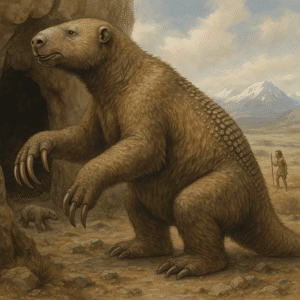 A giant sloth at the entrance to a cave it dug. Illustration: Avi Blizovsky, via DALEE