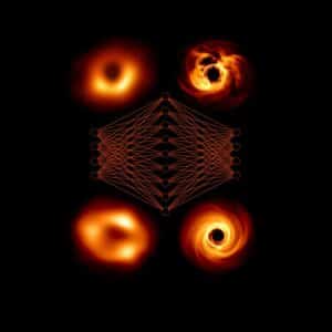 Artist's illustration of a neural network connecting observations (left) and models (right). Credit: EHT Collaboration / Janssen et al.