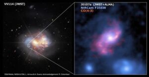 Spectacular galactic observation VV114 using JWST and ALMA technology. Advanced galactic chemistry and physics research.