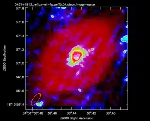 An e-MERLIN map showing the structure of the tilted disk around the young star DG Tauri, where pebble-sized clumps are beginning to form. Its long axis is southeast to northwest (lower left to upper right). Outflowing ejecta from the central star are also visible in the northeast and southwest directions. Credit: Hesterly, Drabek-Maunder, Greaves, Richards, et al.