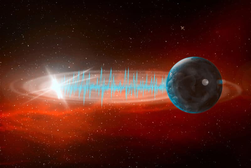 Transmitting radio signals into space.